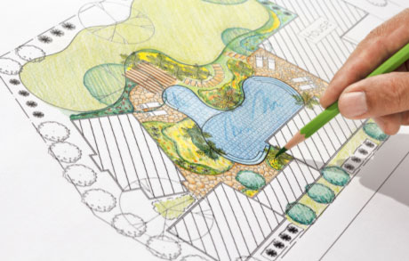 Zeichnung eine Gartenplanung mit Teich und Bepflanzung