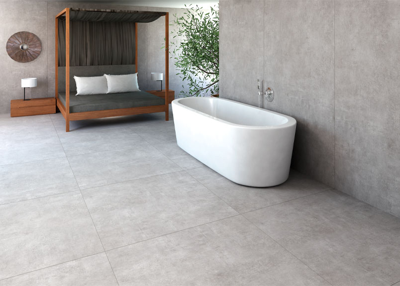 Badezimmer mit XL-Fliesenboden Pureto Beton