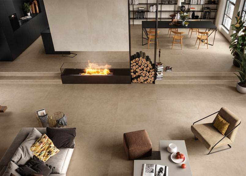 Wohnzimmer mit Bodenfliesen Pureto Concreto Clay